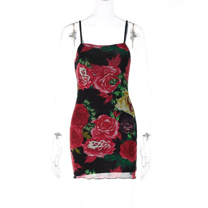 Mesh flower print contrast backless ruffle cami mini dress