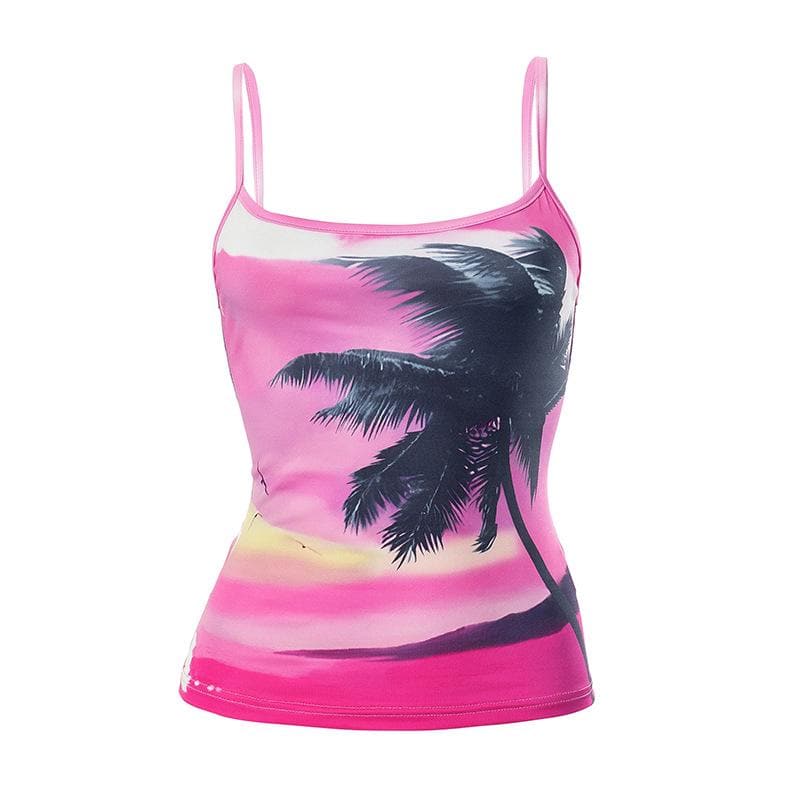 Beach print u neck backless contrast cami top