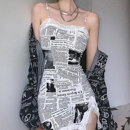 Hem lace newspaper print slit cami dress