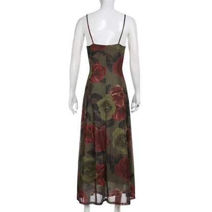 Flower print contrast v neck chiffon cami maxi dress - Final Sale