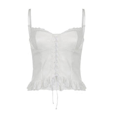 Lace hem ruffle solid lace up backless cami crop top