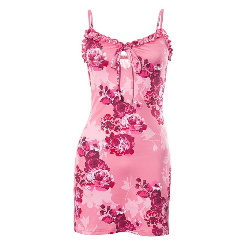 V neck backless hollow out flower print contrast cami mini dress