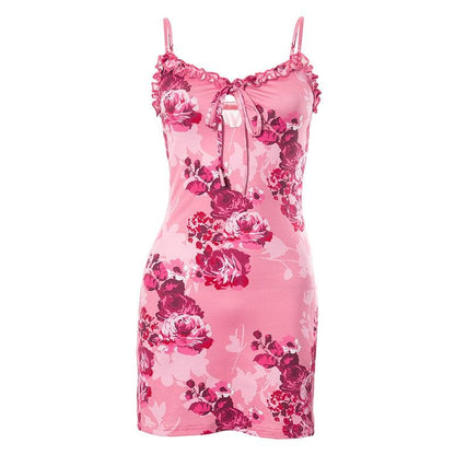 V neck backless hollow out flower print contrast cami mini dress