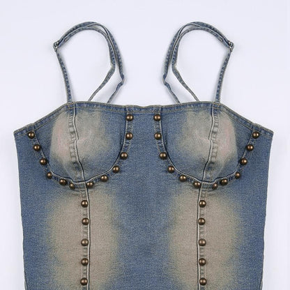 Beaded lace up stitch backless denim cami top