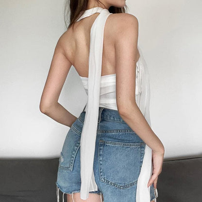 Sleeveless solid ruched button backless scarf tube top