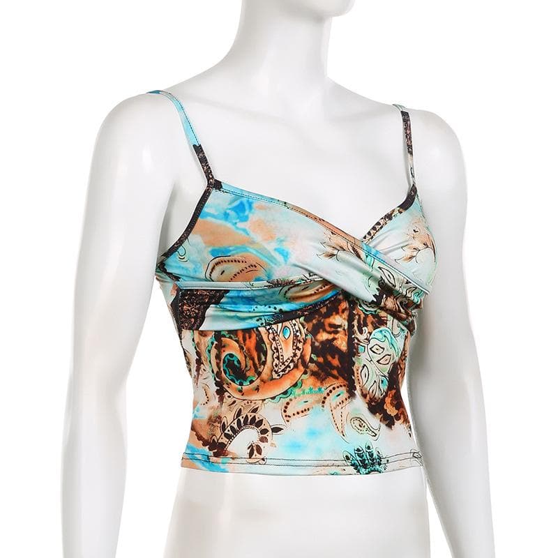 Abstract print ruched contrast v neck backless cami crop top - Final Sale