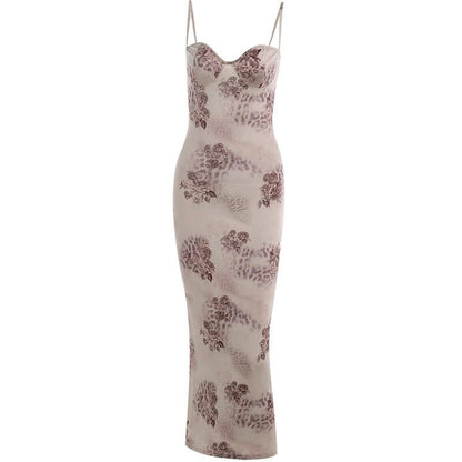 Flower print contrast sweetheart neck backless cami midi dress