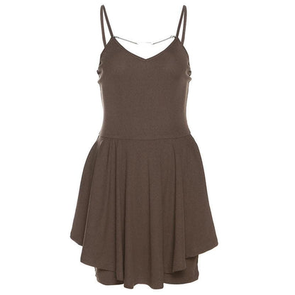 Metal chain v neck solid ruched backless cami mini dress