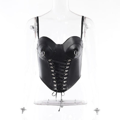 Lace up sweetheart neck PU leather zip-up cami crop top