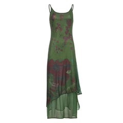 Mesh contrast patchwork u neck backless cami maxi dress