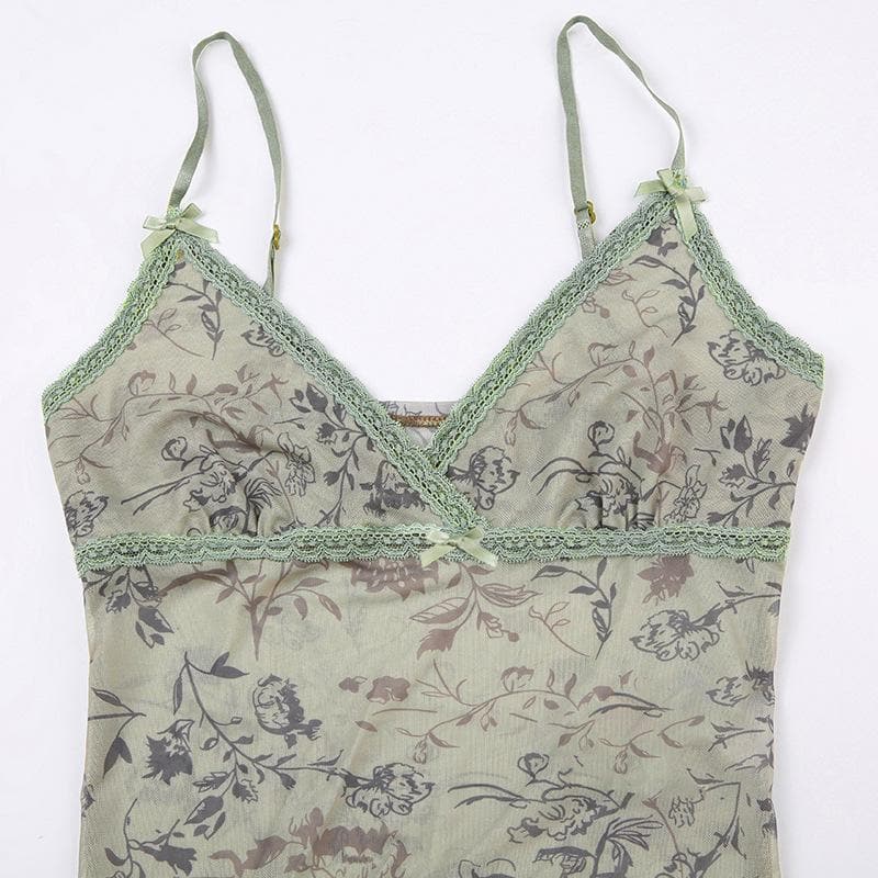 Sheer mesh see through flower print v neck lace hem cami crop top