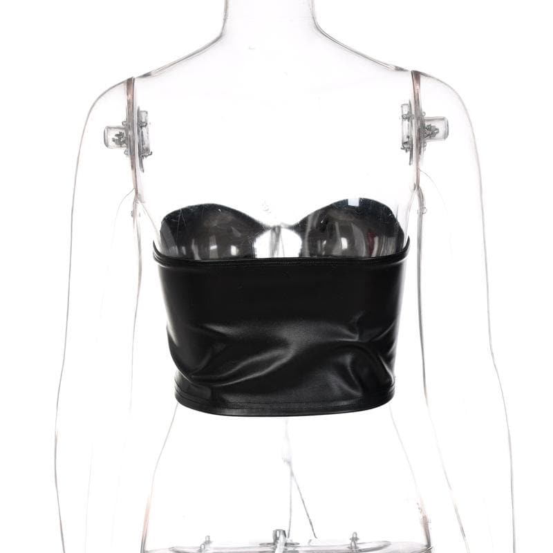 PU drawstring halter 2-way ruched backless solid tube top