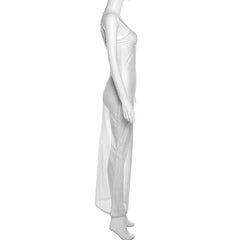 Sheer mesh see through backless solid cami maxi dress