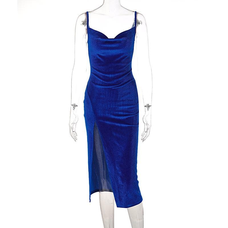 Sleeveless velvet slit cowl neck backless cami midi dress