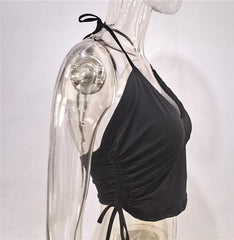 Double layered drawstring ruched V neck halter backless cami top