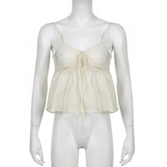 Solid ruched ruffle v neck smocked self tie cami top
