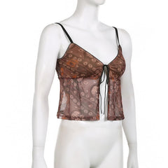 Mesh flower print self tie backless v neck cami crop top - Final Sale