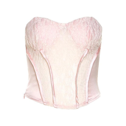 Lace patchwork sweetheart neck solid zip-up corset tube top