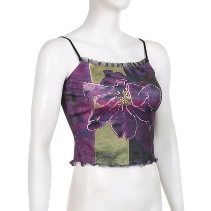 Ruffle flower print contrast square neck backless cami crop top - Final Sale