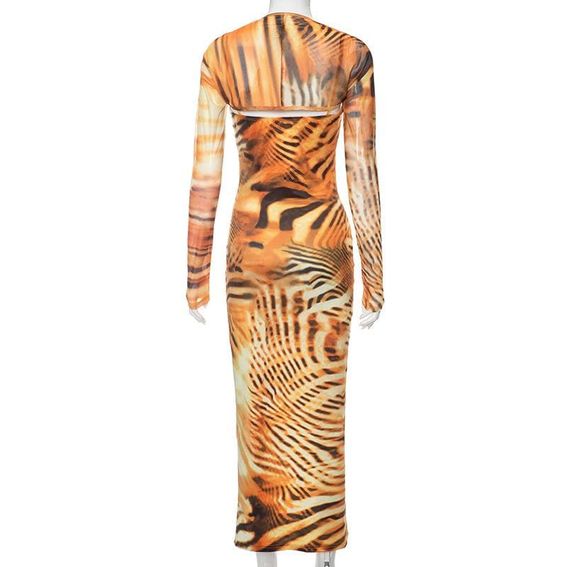 Tiger print long sleeve contrast slit shrug cami midi dress