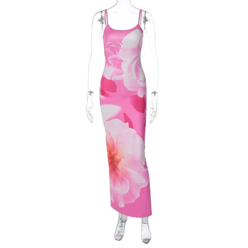 Flower print contrast u neck backless slit cami maxi dress