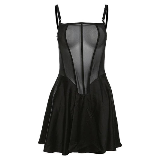 Mesh solid see through ruffle backless cami mini dress