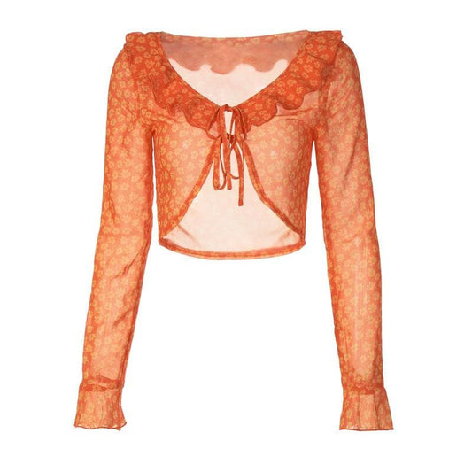 See through self tie Ruffled Long Sleeve Floral top - Final Sale