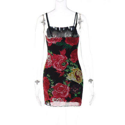 Mesh flower print contrast backless ruffle cami mini dress