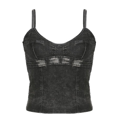 Denim v neck zip-up backless cami crop top - Final Sale