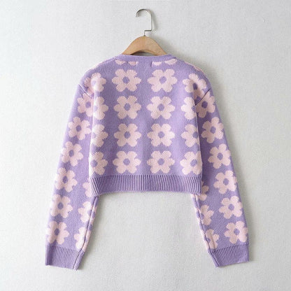 V neck flower pattern button knitted contrast long sleeve cardigan top
