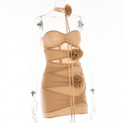 Sheer mesh hollow out flower applique zip-up solid tube mini dress