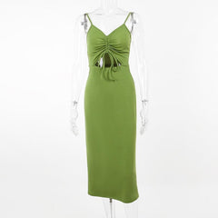Solid hollow out drawstring v neck backless cami midi dress