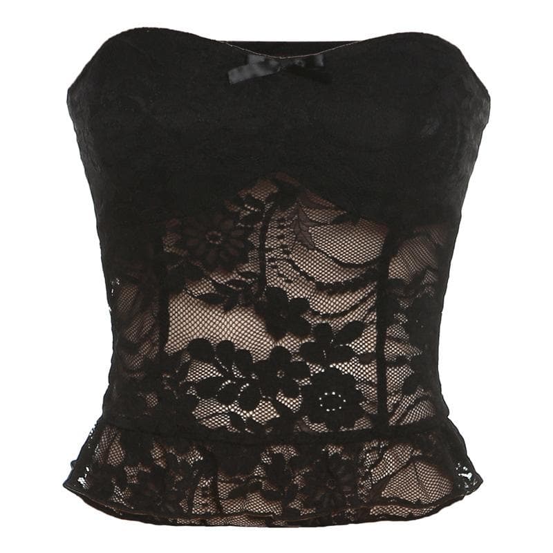 Solid sleeveless lace hem backless ruffle tube top