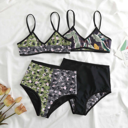 Flower print contrast v neck 2-way cami 3 piece swimwear