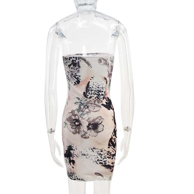 Flowers pattern off shoulder backless contrast tube dress