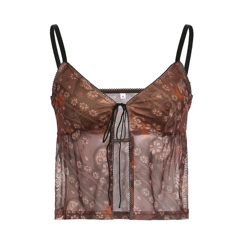 Mesh flower print self tie backless v neck cami crop top - Final Sale