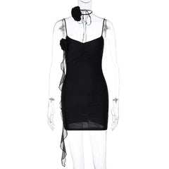 Flower applique solid backless v neck ribbon cami mini dress