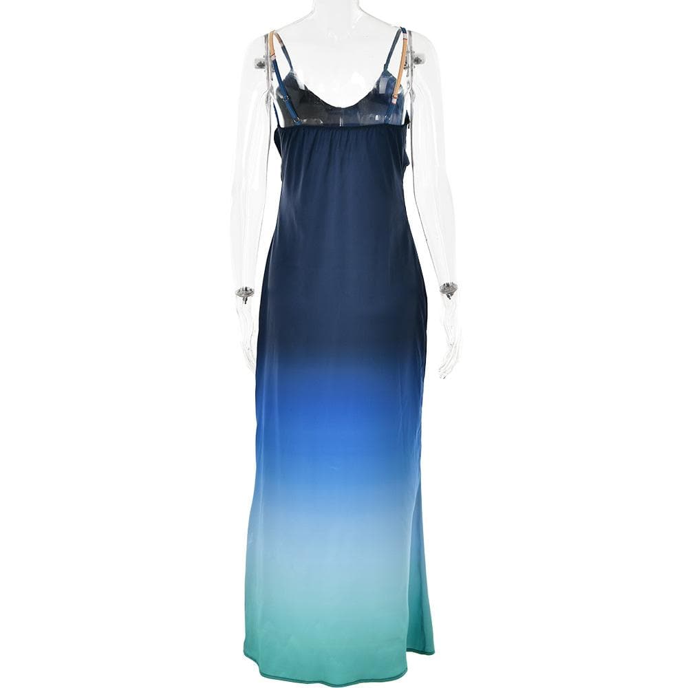 Cowl neck gradient backless ruched cami maxi dress