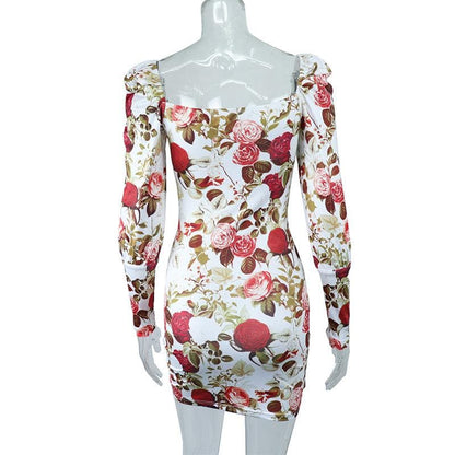 Square neck long sleeve contrast flowers print mini dress