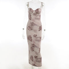 Flower print contrast sweetheart neck backless cami midi dress