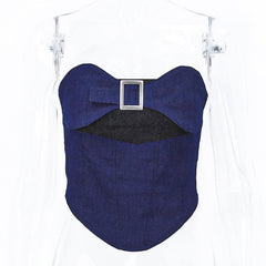 Contrast patchwork backless buckle denim tube top