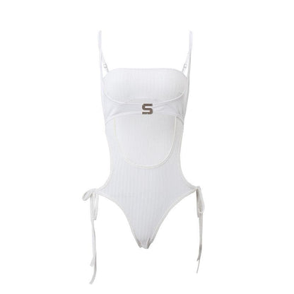 Solid ribbed self tie "S" applique hollow out cami bodysuit