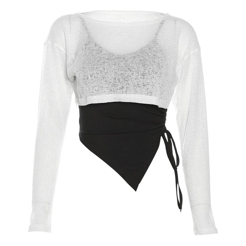 Drawstring long sleeve contrast 2 piece cami top