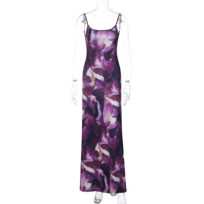 Tie dye square neck contrast backless cami maxi dress