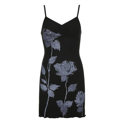 Rose pattern contrast v neck backless cami mini dress