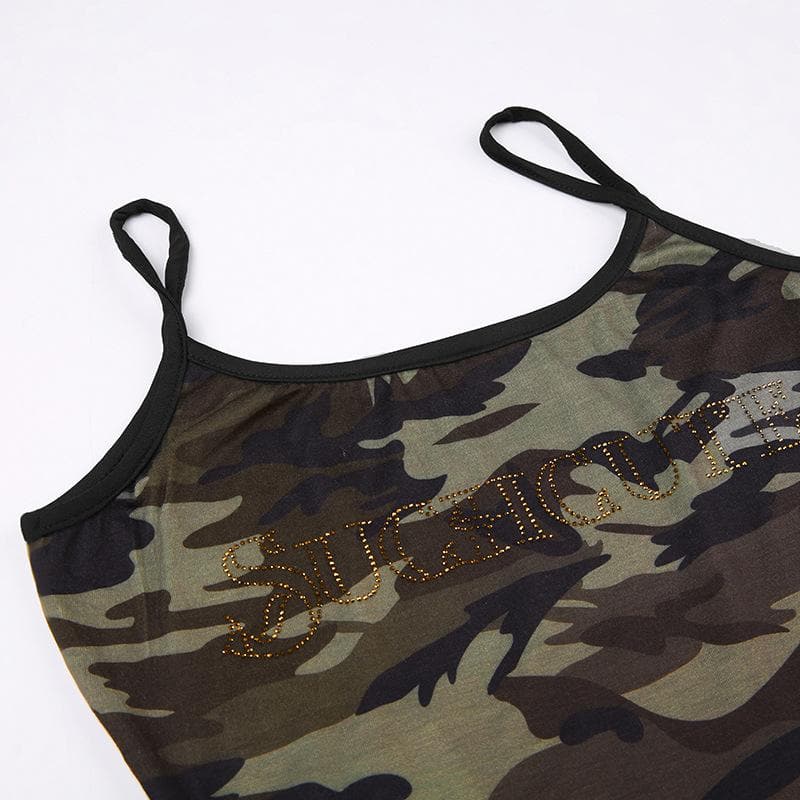 Camouflage beaded u neck contrast cami crop top