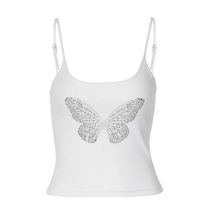 Beaded u neck backless butterfly pattern cami crop top