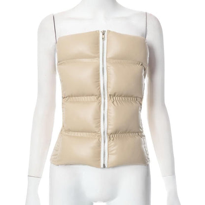 Zip-up PU leather solid winter tube top