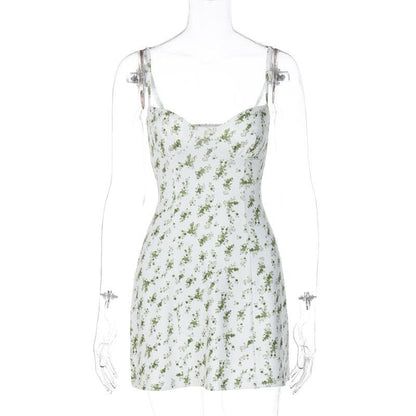 Low cut sleeveless flower pattern backless cami mini dress