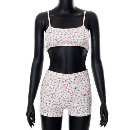 Floral print textured cami crop top short pant set